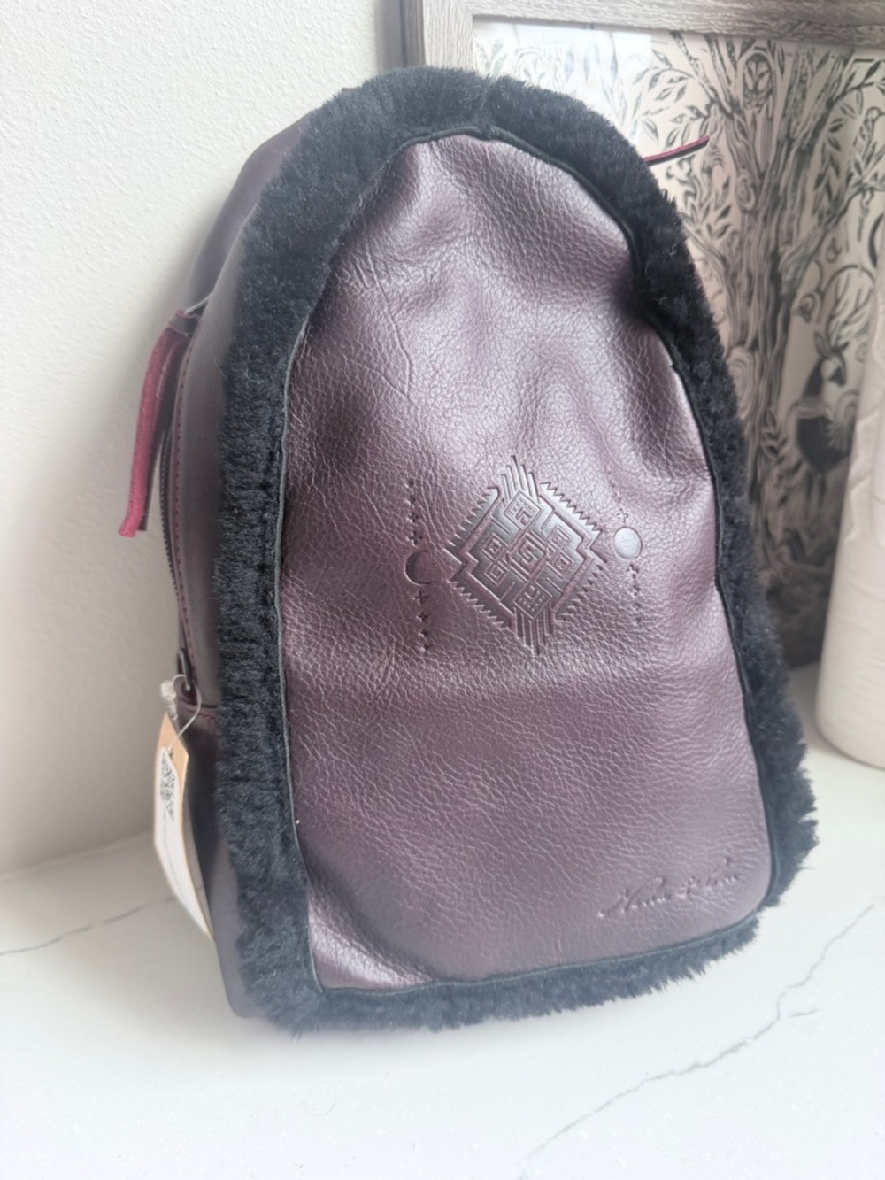 NWT Nena & Co. Vino-Leather Sling Bag with Black Sherpa Trim
